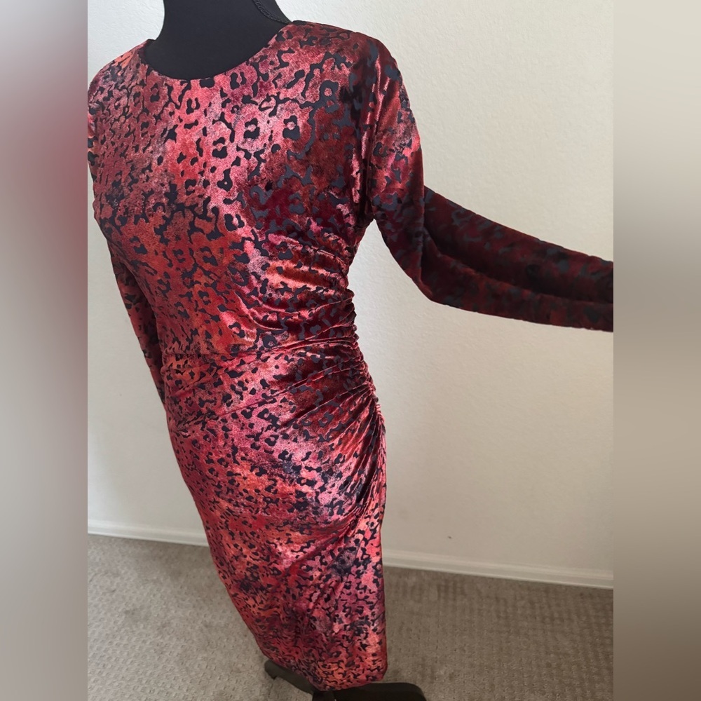 Fuzzi Italy Red Leopard Burnout Velvet Bodycon Dress XL Ruched Midi NWT - Picture 4 of 12